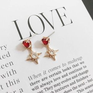 Gold red heart crystal star dangle earrings